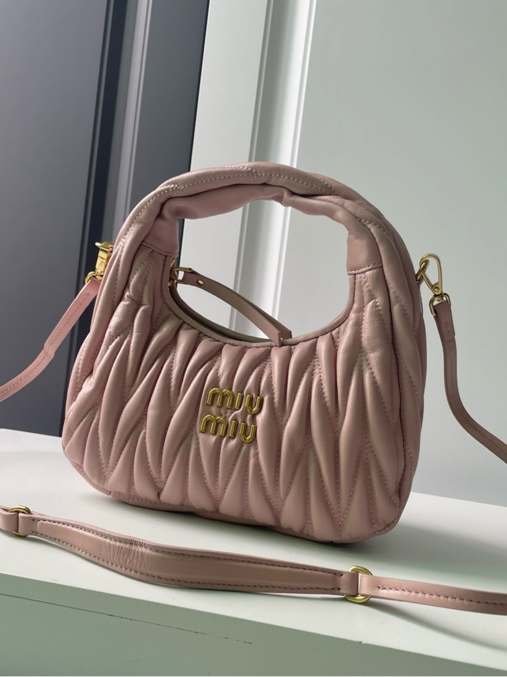 Miu Miu Pink Quilted Leather Shoulder Bag with Gold Logo